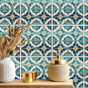 Floral Moroccan Tile Pattern#1 Teal White ID1078