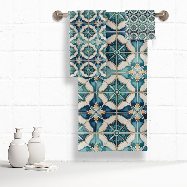 Floral Moroccan Tile Pattern#1 Teal White ID1078 Bath Towel Set (Creator Uploaded)