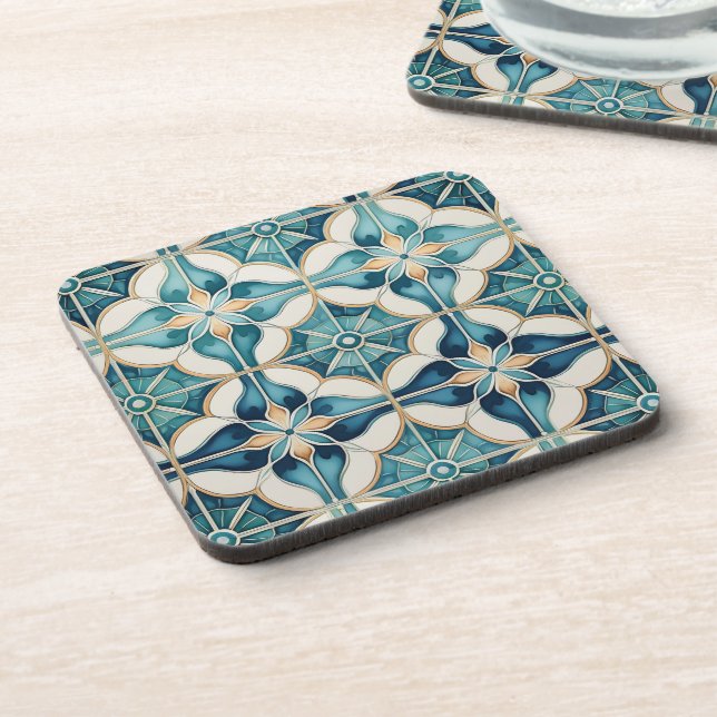 Floral Moroccan Tile Pattern#1 Teal White ID1078 Coaster (Left Side)