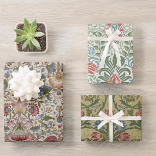 Floral Morris Patterns Red & Blue Flowers Vintage Wrapping Paper Sheet