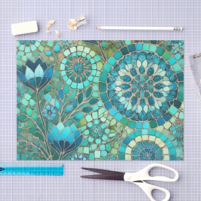 Floral Mosaic Navy Blue Green Flowers Decoupage Tissue Paper (Craft)
