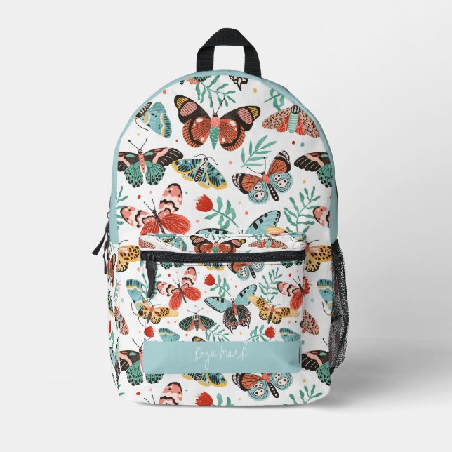 Floral Moth Butterfly Pattern Printed Backpack (Front)