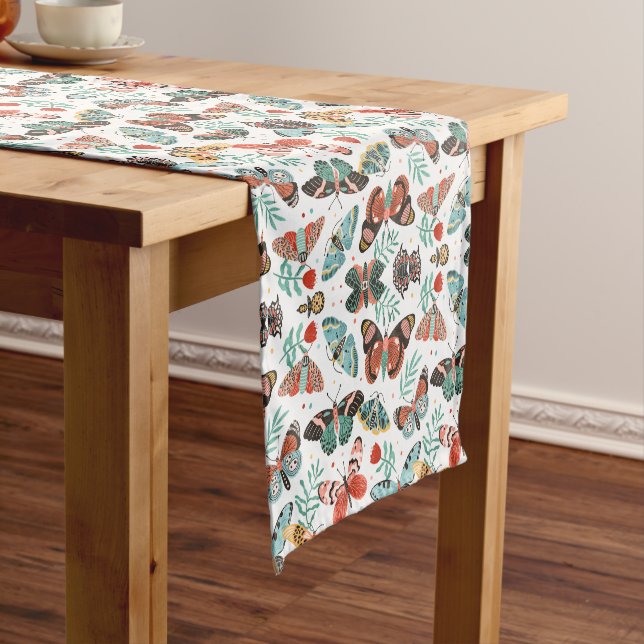 Floral Moth Butterfly Pattern Short Table Runner (In Situ)