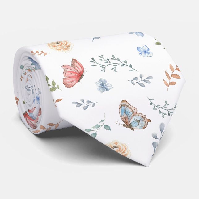 Floral Moth Butterfly Pattern Tie (Rolled)