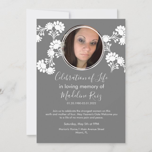 Floral Motif Celebration of Life Photo Invitation (Front)