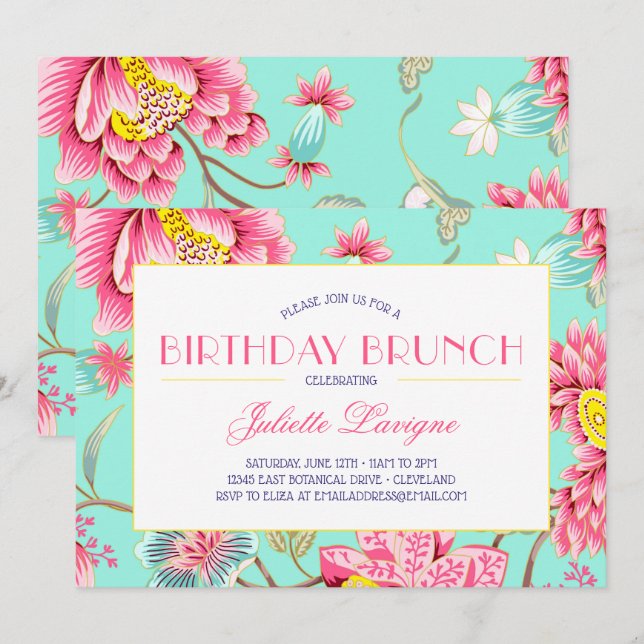 Floral Motif in Pink and Aqua Birthday Invitation (Front/Back)