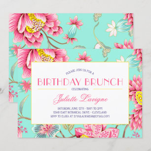 Floral Motif in Pink and Aqua Birthday Invitation
