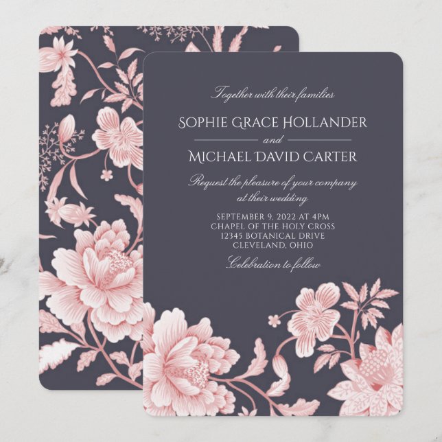Floral Motif in Pink and Grey 2 Wedding Invitation (Front/Back)