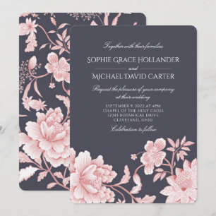 Floral Motif in Pink and Grey 2 Wedding Invitation