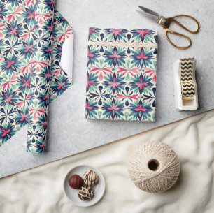 Floral Motif Pattern in Teal, Navy, and Pink Wrapping Paper