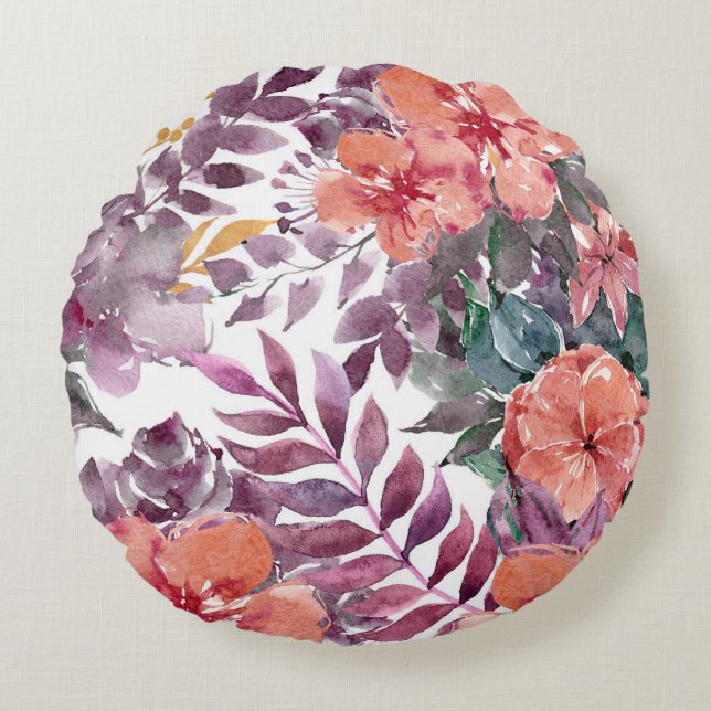 Floral Motifs in Watercolor  Round Pillow (Front)