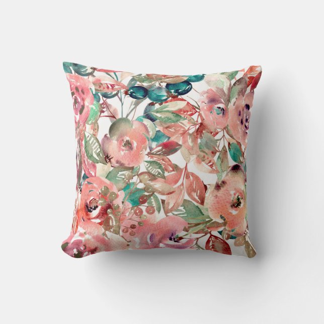 Floral Motifs in Watercolor  Throw Pillow (Front)