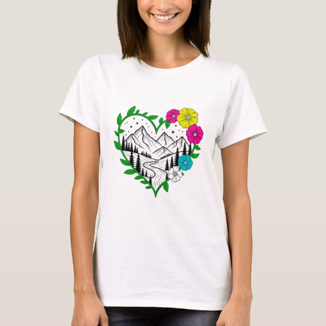 Floral Mountain Heart Scenic Nature Landscape Art T-Shirt (Front)