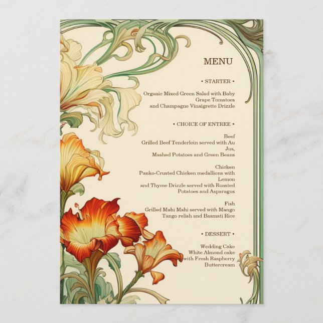Floral Mucha Art Nouveau Red and Orange Botanical Menu (Front)