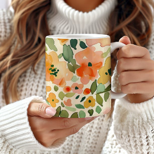 Floral Mug, Peach Floral Pattern Mug, Watercolor Coffee Mug