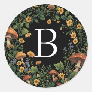 Floral Mushrooms Custom Initial on Black Classic Round Sticker