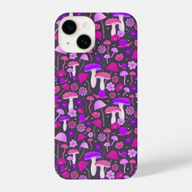Floral Mushrooms Trippy Pink, Purple & Black iPhone Case (Back)