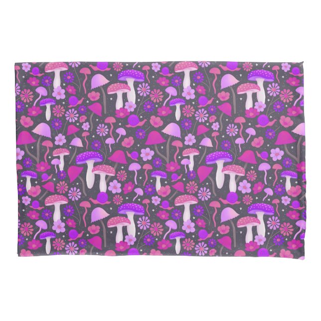 Floral Mushrooms Vibrant Pink, Purple & Black Pillowcase (Front)