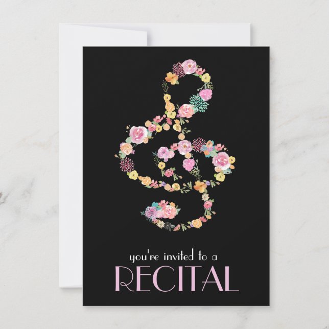 floral music treble clef on black invitation (Front)