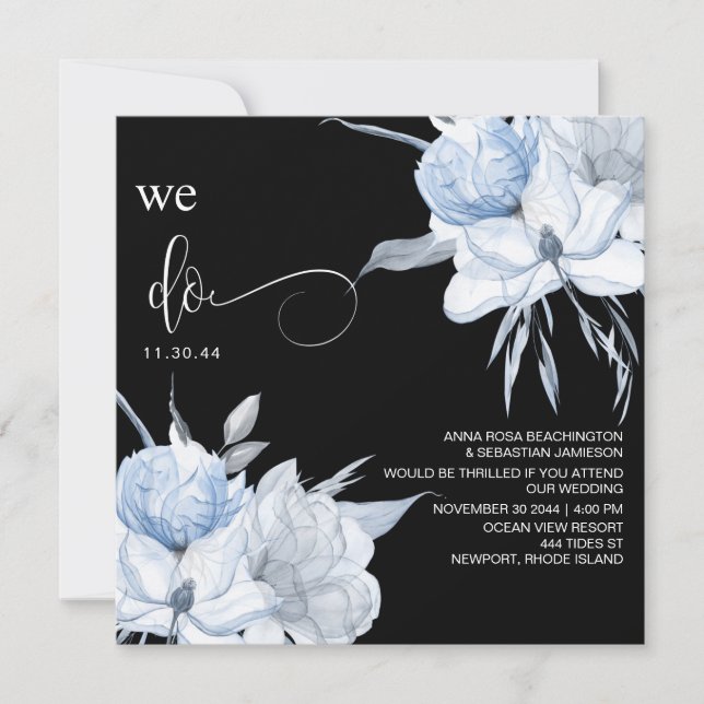 *~* Floral Muted Blue Bouquet AR15 QR RSVP WEDDING Invitation (Front)