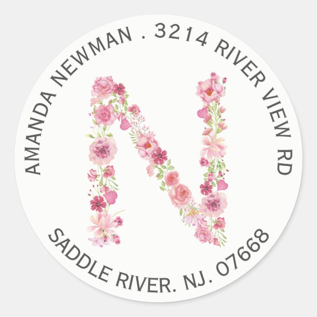 Floral N Initial Monogram Return Address Sticker (Front)