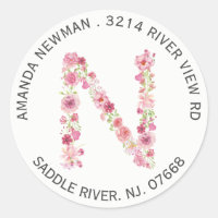 Floral N Initial Monogram Return Address Sticker