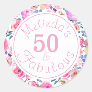 Floral Name Fifty and Fabulous Pink Purple Roses Classic Round Sticker