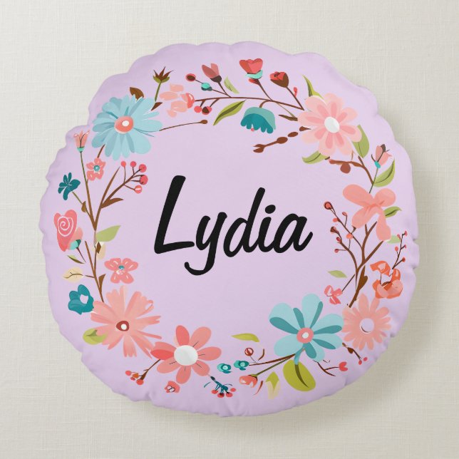 Floral Name Round Pillow – Personalized Gift (Front)