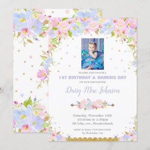 Floral Naming Day and 1st Birthday Invitation Girl