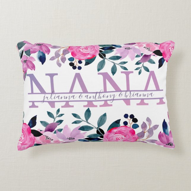 Floral Nana split Monogram with grandkids names Accent Pillow (Front)