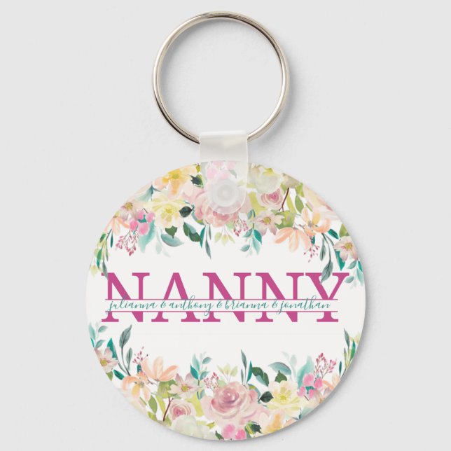 Floral Nanny split Monogram with grandkids names Keychain (Front)