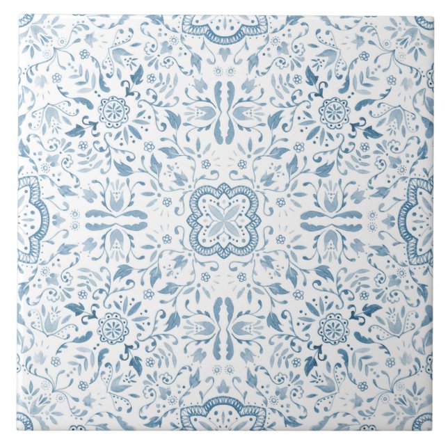 Floral Nature Vintage Blue Pattern Tile (Front)