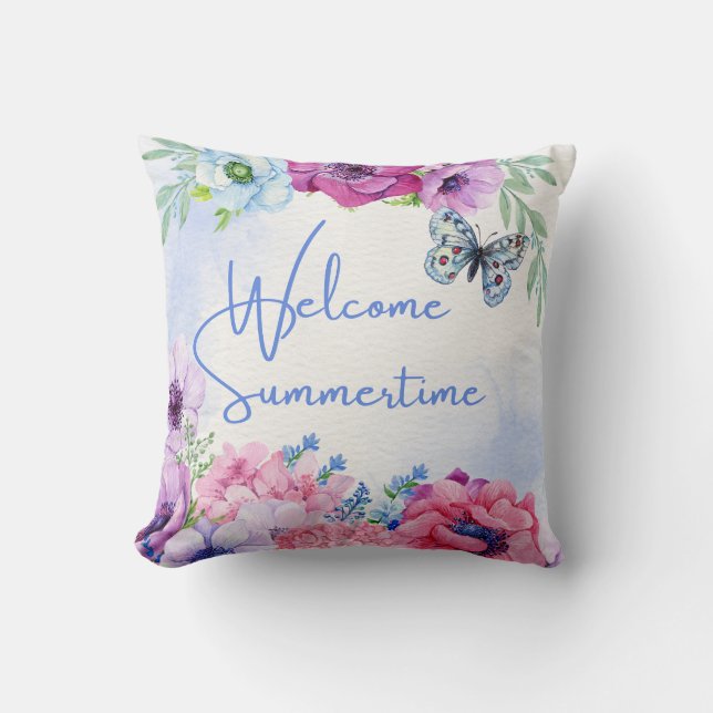 Floral Nature Welcome Summertime Throw Pillow (Front)