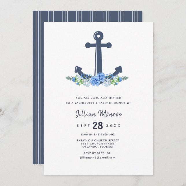Floral Nautical Anchor Bachelorette Party Invitation (Front/Back)