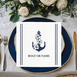 Floral Nautical Anchor Custom Boat Name White Napkin