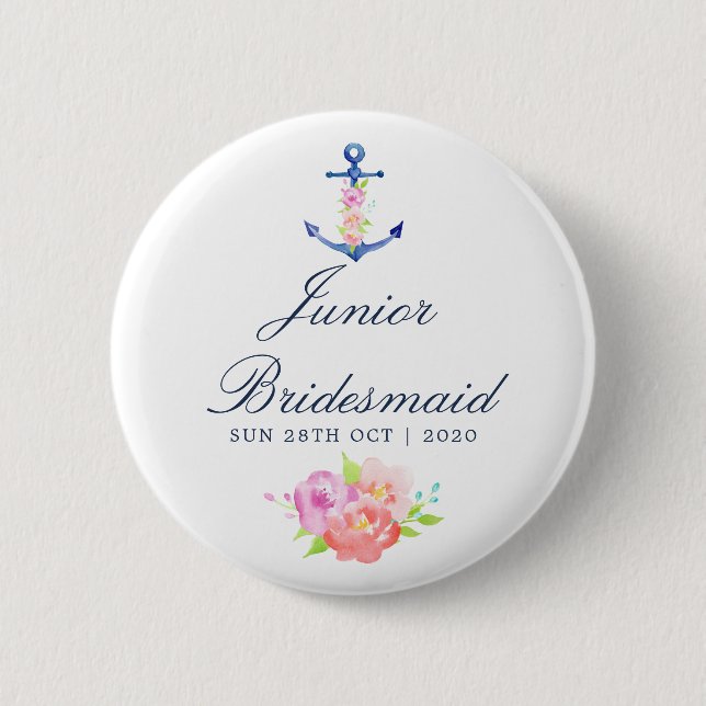 Floral Nautical Wedding Junior Bridesmaid 2 Inch Round Button (Front)