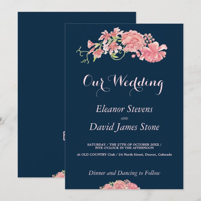 Floral navy and blush wedding editable script invitation (Front/Back)