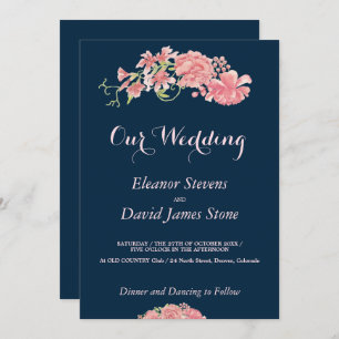 Floral navy and blush wedding editable script invitation