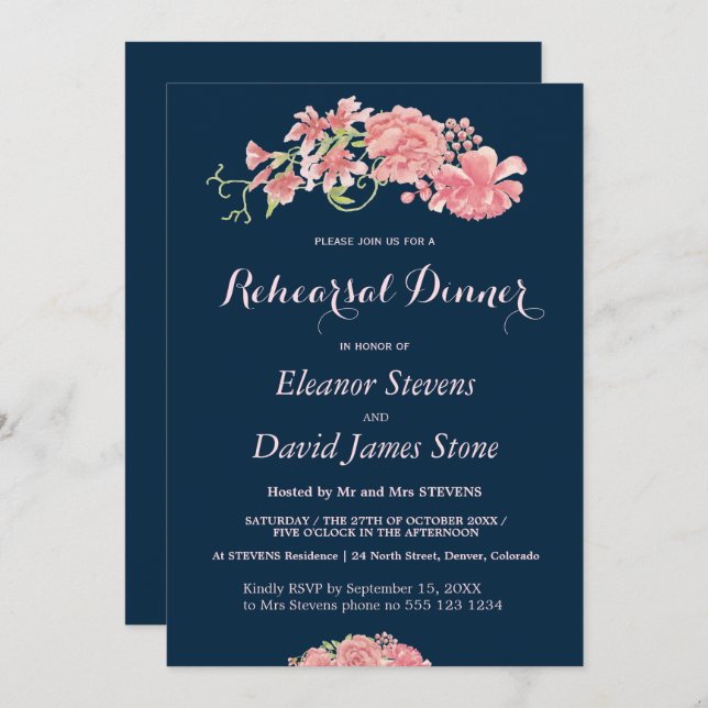 Floral navy and blush wedding rehearsal dinner invitation (Front/Back)