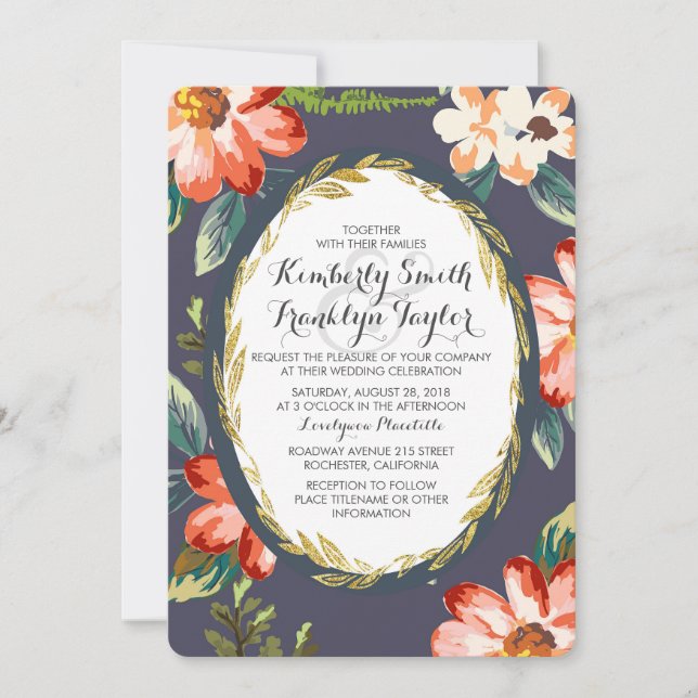 floral navy and gold vintage wedding invitation (Front)