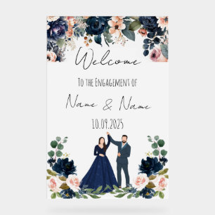 Floral navy blue acrylic Engagement sign 