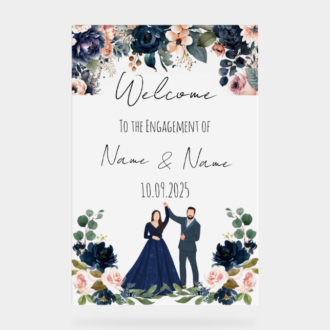 Floral navy blue acrylic Engagement sign  (Front)