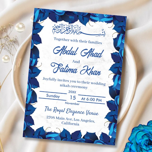 Floral Navy Blue and White Marble Muslim Wedding  Invitation (Creator Uploaded)