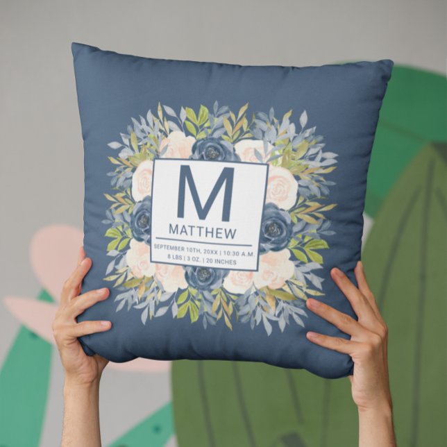 Floral Navy Blue Birth Stats Newborn Baby  Throw Pillow (Creator Uploaded)