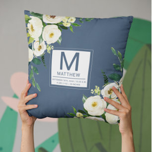 Floral Navy Blue Birth Stats Newborn Baby Throw Pillow