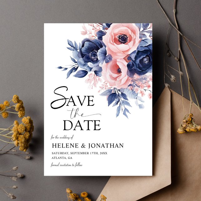 Floral Navy Blue Blush Pink Boho Elegant Wedding Save The Date (Floral Navy Blue Blush Pink Boho Elegant Wedding Save The Date)