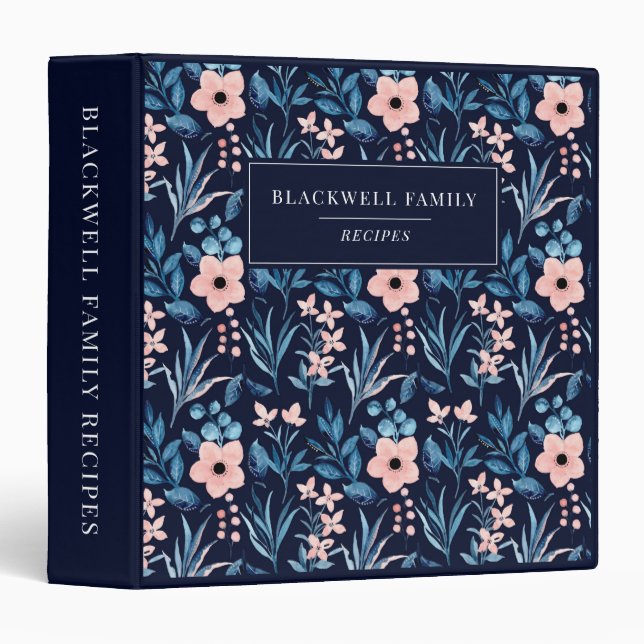 Floral Navy Blue Blush Pink Pattern Recipe Binder (Front/Spine)