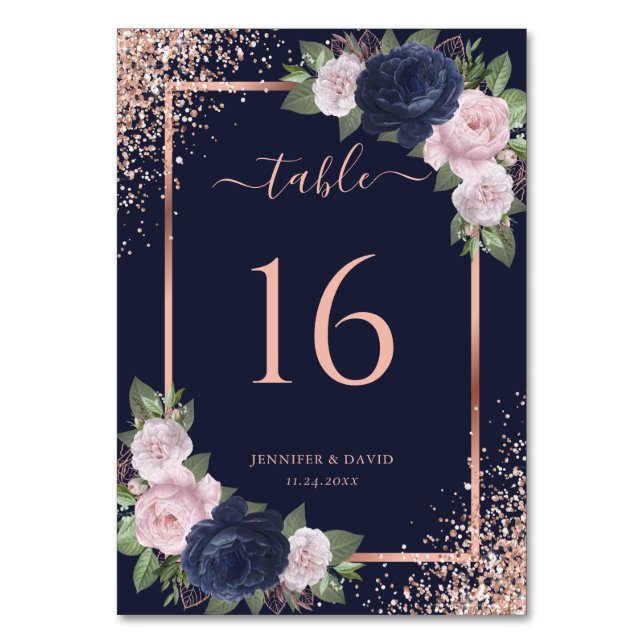 Floral Navy Blue Blush Rose Gold Frame Wedding Table Number (Front)