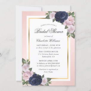 Floral Navy Blue Gold Blush Pink Bridal Shower Invitation