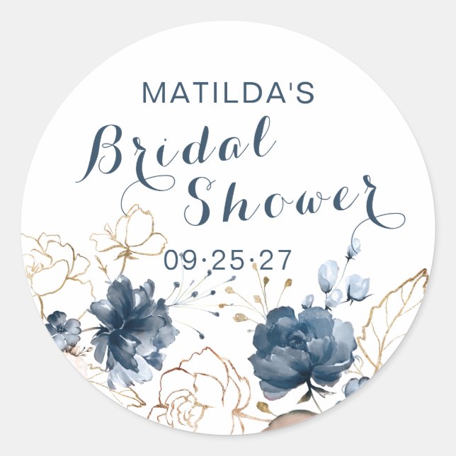 Floral navy blue & gold,  Bridal Shower Classic Round Sticker (Front)